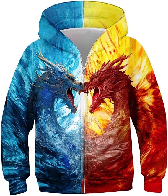 Idgreatim 3D Graphic Hoodies for Kids Boys 6T 7T 8T Cool Water and Fire Dragons Printed Sweatshirt Fall Winter Full Zip Hooded Jumper with Pockets