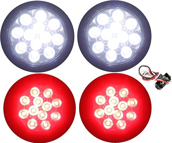 2 Clear Lens Red + 2 White 4" Round Led Stop Turn Tail Back-up Reverse Fog Lights Include Lights Grommet Plug for Truck Trailer RV