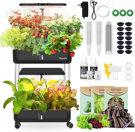 Large Hydroponics Growing System Kit,44-Pod with 3 Seed Packs | Includes Basil, Buttercrunch Lettuce & Gourmet Salad Mix seeds; 2-Tier, independent tanks -spectrum lights.