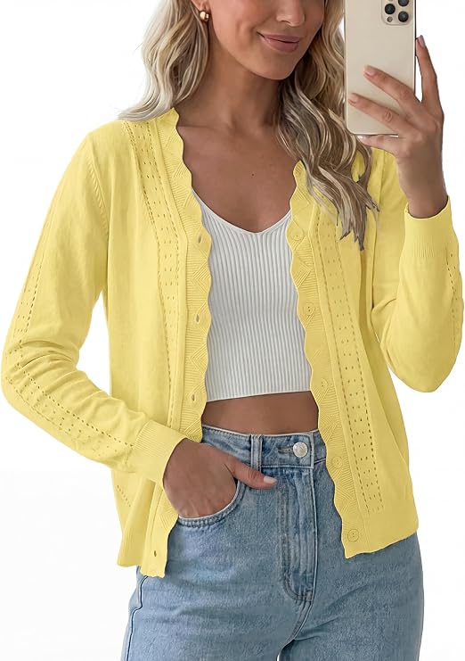 PrinStory Womens Cardigan Sweaters Long Sleeve Casual Button Down V-Neck Open Front Hollow Lightweight Knit Clothes 2026