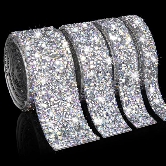 4 Rolls Crystal Rhinestone Diamond Ribbon Strips, Self Adhesive Bling Wrap Rolls Rhinestones Tapes for Shoes Clothes, Cakes, Phone, Wedding Decor DIY Crafts (AB Sliver)