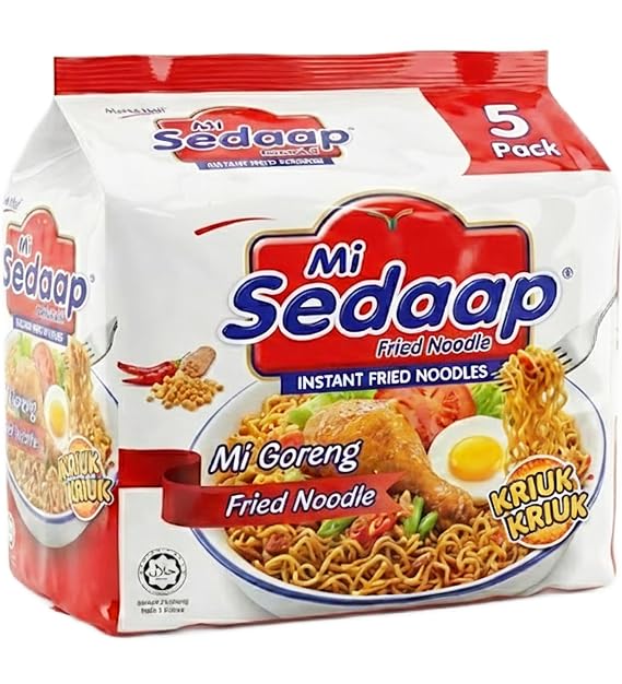 Mi Sedaap Mi Goreng Instant Stir Fry Noodles, Pack of 5, Asian Noodles | Halal Certified, Indonesian Fried Noodle, Dry Soup Less Ramen with Crispy Onion, Quick 3 Minute Cook, Original Flavor
