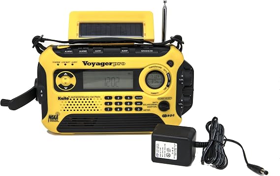 Kaito Voyager Pro KA600 Digital Solar Dynamo Crank Wind Up AM/FM/LW/SW & NOAA Weather Emergency Radio with Alert, RDS & Smart Phone Charger, Yellow (AC Wall Adapter Included)