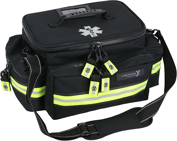 Lightning X Medium First Responder EMT Bag | LXMB25 | w/Reflective, Shoulder Strap & Zippered Compartments for First Aid + Trauma Supplies - Black