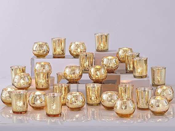 DEVI 48PCS Assorted Gold Votive Candle Holders Bluk, Gold Wedding Decorations, Mercury Glass Candle Holder for Tea Lights, Christmas Party Diwali Centerpieces for Table, Wedding Party Supplies