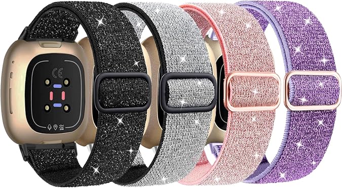 4 Pack Elastic Nylon Bands Compatible with Fitbit Versa 4/Versa 3/Sense 2/Sense, Soft Breathable Replacement Adjustable Stretchy Nylon Loop Wristband Sport Strap for Woman Man