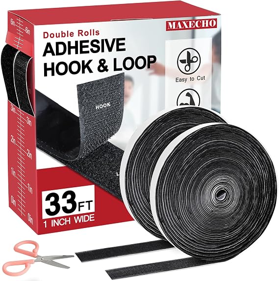 MAXECHO 33Ft x 1 Inch Hook and Loop Tape with Adhesive Backing, Heavy Duty Double Sided Adhesive Strips, Strong Sticky Strips Rolls for Home, Office, School, Car, and Crafting Projects, Black