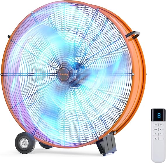 Passky 30 Inch Industrial Drum Fan with Remote Control, 13000 CFM High Velocity Heavy Duty Floor Fan,Commercial box fan, Ultra-Quiet EC Motor, 8-Speeds, Timer for Shop, Patio, Gym, Garage - ETL Listed