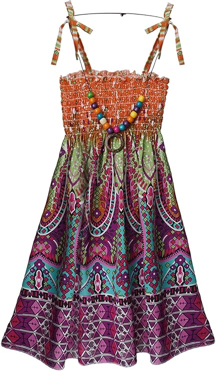 Jhaoyu Girls Kids Bohemian Dresses Floral Sleeveless Rainbow Beach Sundress with Necklace Casual Party Dress