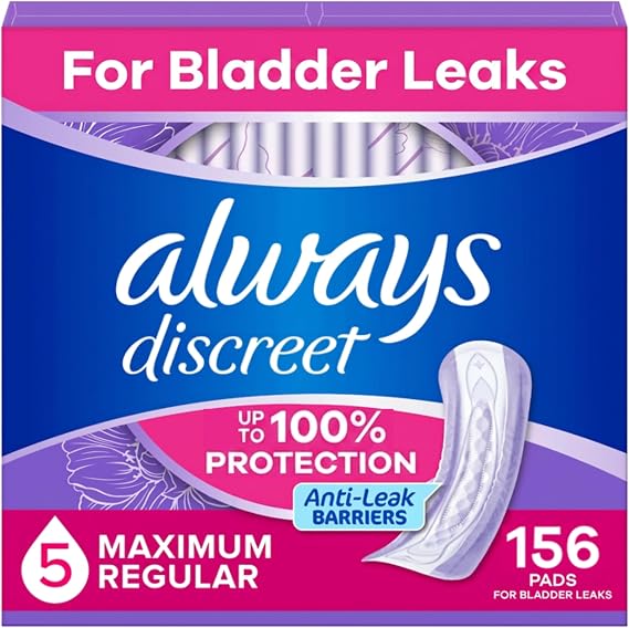 Always Discreet Adult Incontinence Pads for Women, Drier, 5 Drop Long Length, Heavy Absorbency, Pads for Bladder Control Management, Bladder Leaks, Postpartum Pads, 156ct