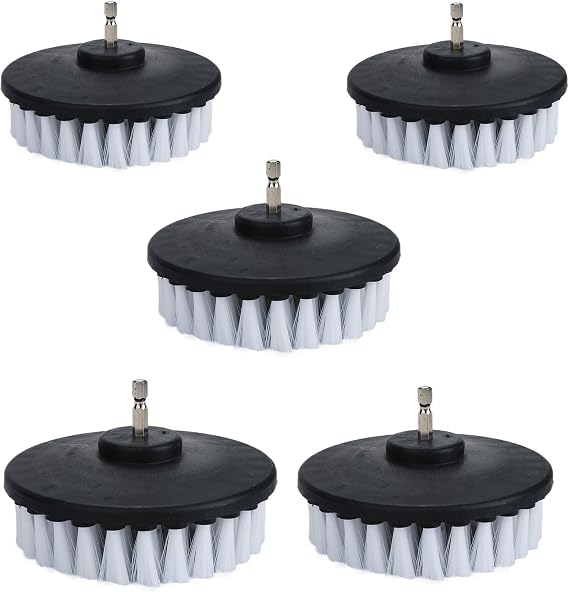 5 Piece 4 inch Drill Brush Soft Bristle White Quick Change Shaft Soft Bristle Power Scrubber Brush Set for Cleaning Car, Boat, Seat, Carpet, Upholstery and Shower Door