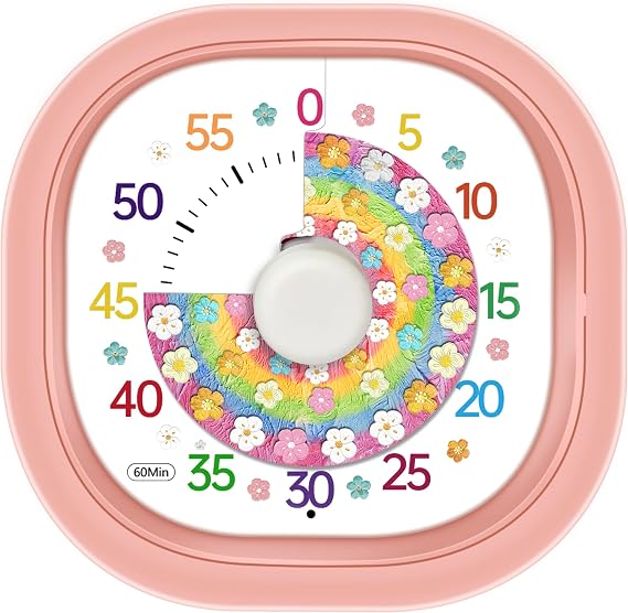 Visual Timer 60 Minute Silent Countdown Clock Visual Timer for Kids with Color-Coded Flower Disk Battery Operated 2 Alert Modes, Classroom Must Haves Timers for Classroom Cooking, Pink