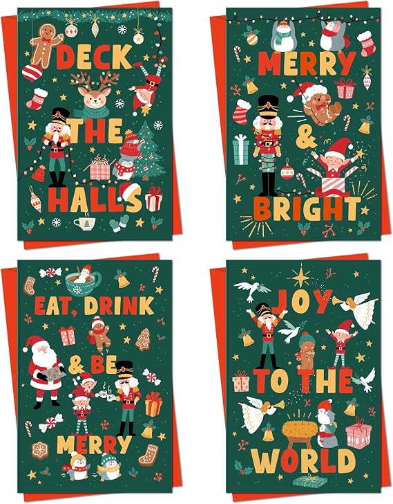 Honeyplum 24 Christmas Cards With Envelopes - Funny & Cute Christmas Characters - 4 x 6