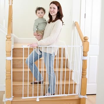 Regalo Safety 35" Extra Tall Baby Gate for Stairs, Wall Mounted 2-in-1 Wide Stair Gate for Babies, Toddlers, Pets, Includes Banister and Wall Mounting Kit, White
