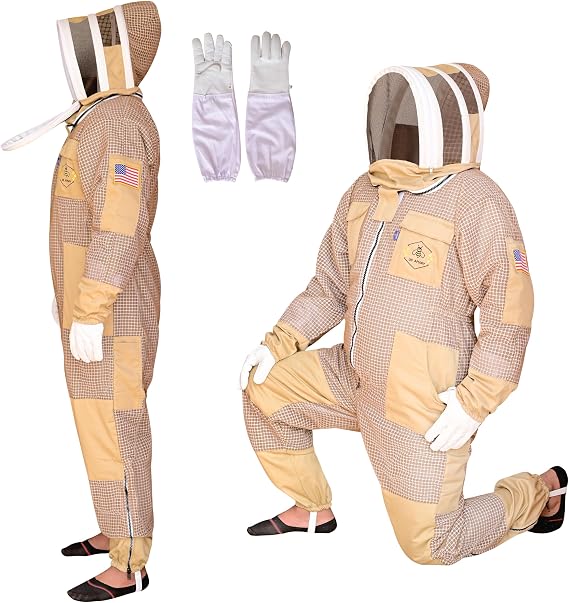 3 Layer Bee Suit with Fencing Veil One Pair Gloves Sting Proof Ventilated Beekeeping Suit