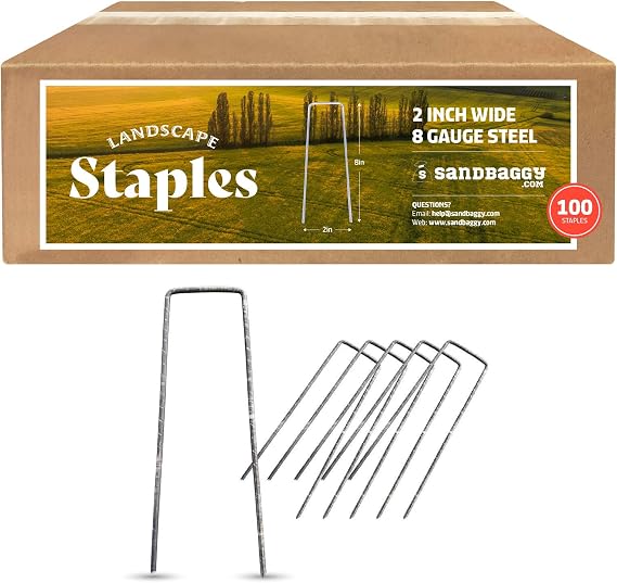 Sandbaggy 8 Inch Long x 2 Inch Wide Extra Wide Landscape Staples~ Fabric Pins Garden Ground Cover Stakes (100 Staples)