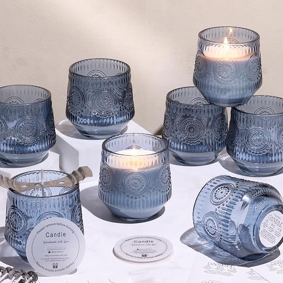 LAMORGIFT 12 Pack Blue Glass Jars for Candle Making- Floral 7OZ Glass Candle Jars, Empty Candle Jars Containers Vessels with Accessories for Making Candles