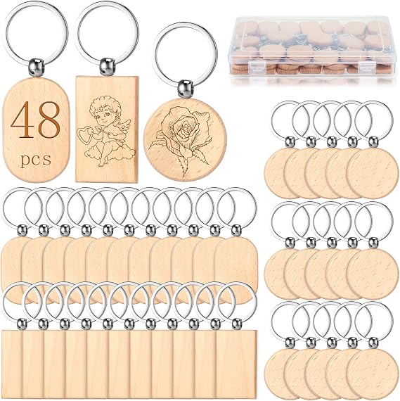Fumete Wooden Keychain Blanks Wood Engraving Unfinished Key Chain with Storage Container for DIY Gift Craft Supplies(24 Pcs)