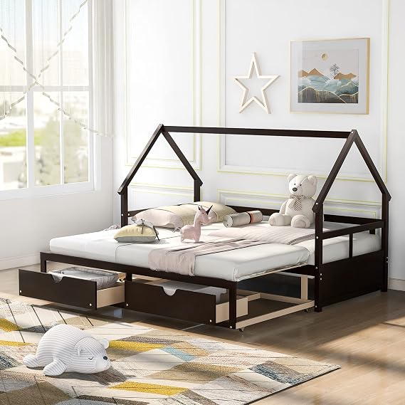 Daybed with Trundle and 2 Drawers Bed Twin to King Design Sofa Bed, Extendable Bed Daybed for Bedroom Living Room