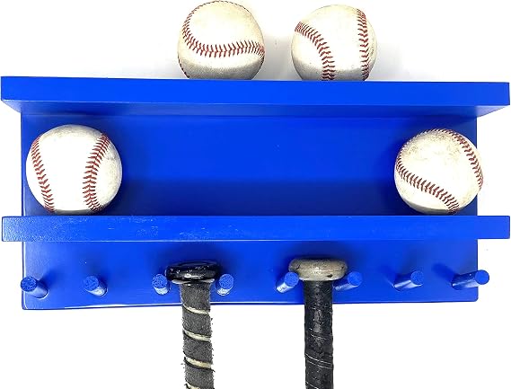 Baseball Bat Wall Mount Display Rack Wood Blue 7 Full Size Bats 8 Balls Holder