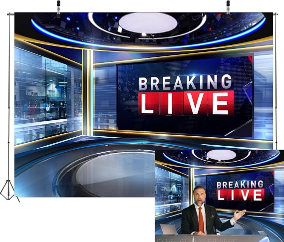 Fabric 7x5ft News Broadcast Backdrop TV Show Newscaster Studio Photography Breaking Media Monitor Equipment Microphone Reporter Interview Stage Video Recording Photocall Background Props...