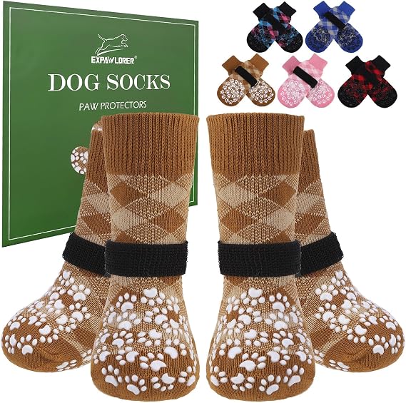 EXPAWLORER Dog Socks for Summer Hot Pavement to Prevent Licking Paws, Anti Slip Doggie Booties Grippy Shoes for Hardwood Floors, Boots & Paw Protectors for Small Medium Large Senior Dogs Khaki XL