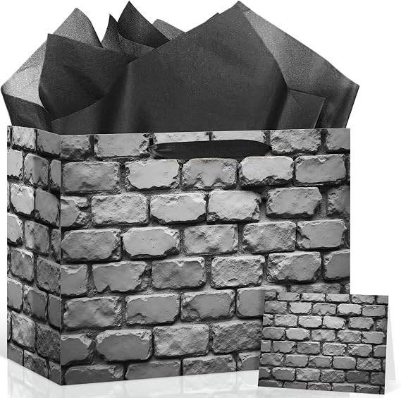 Brick Black Stone Wall Birthday Gift Bags,, Black Medieval Party Fover Bag with Tissue Paper Card Medieval Castle Party Decorations Supplies for Women Men Halloween Birthday Party Favors