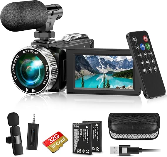 4K Video Camera Camcorder Mini Mic 48MP 60FPS UHD Vlogging Cameras for YouTube 18X Digital Zoom 3.0''IPS Screen Camera with 32GB Card, Wireless Lavalier Microphone, Remote, 2 Batteries