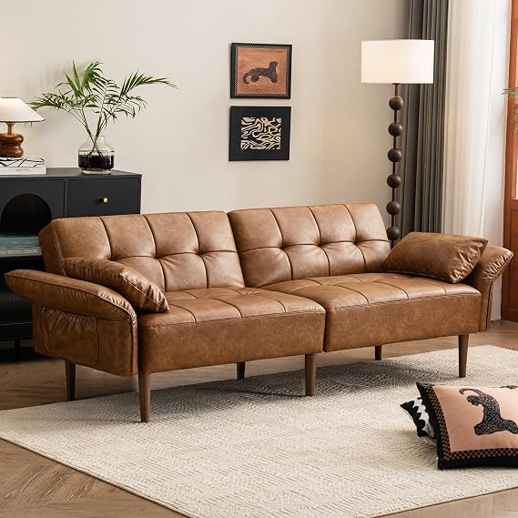 HALLYBEE 85 Futon Sofa Bed, Sleeper Sofa, Small Couch with Storage Adjustable Armrests Pillows, Faux Leather Loveseat, Mid Century Modern Couches for Living Room, Bedroom, Apartment, Brown