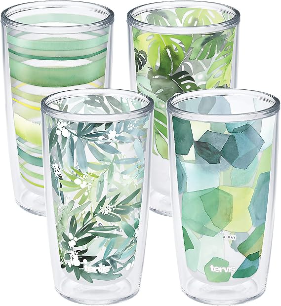 Tervis Yao Cheng Green Crystal Made in USA Double Walled Insulated Tumbler Travel Cup Keeps Drinks Cold & Hot, 16oz 4pk, Green Collection | Made in USA, Double-wall Insulated, Shatterproof, BPA-Free, Dishwasher Safe, Fits Most Cupholders, Great to Gift, Set of 4