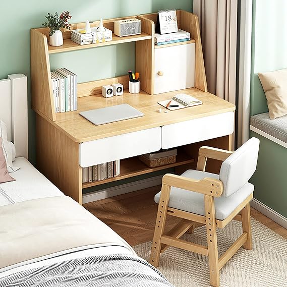 Adorable Study Desk and Chair Set,Wooden School Study Table with Hutch Drawers and Chair,Student's Study Desk Computer Workstation Writing Table for Boys Girls Home School Use Office Desk