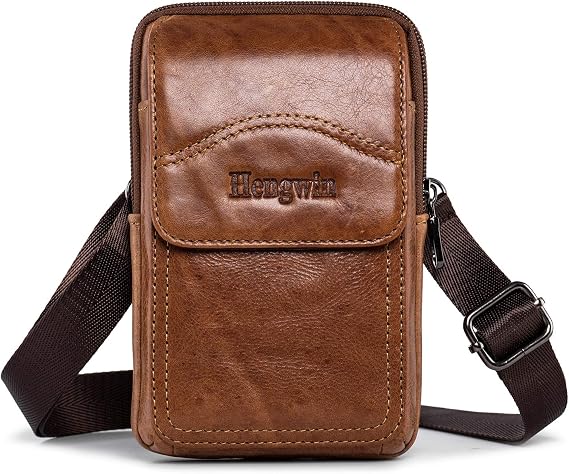 Small Leather Crossbody Purse Men Bag Cell Phone Pouch for Belt | Genuine Leather Phone Holster with Belt Clip Belt Loop, Removable Adjustable Shoulder Strap, Fits for Travel, Daily Commute