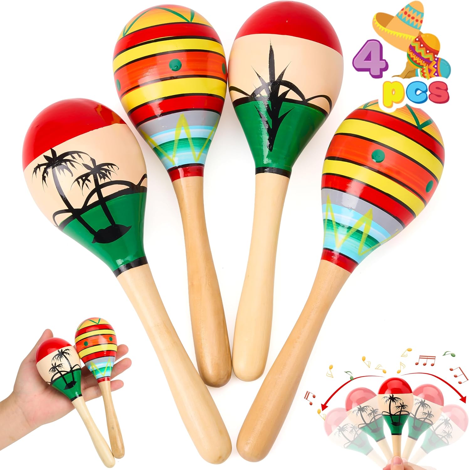 JOYIN 4 PCS Cinco De Mayo 7.6 Wooden Maracas for Kids, Maraca Magic, Wooden Noisemaker for Mexican Fiesta Party Favors, Musical Fun Parties, Luau Party, Carnivals, Taco Tuesday Event