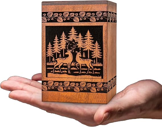 Wooden Deer Small Urn for Human Ashes Keepsake Cremation Urn, Funeral Urns, Burial Urn, Mini Urns for Ashes (Teak, Keepsake)