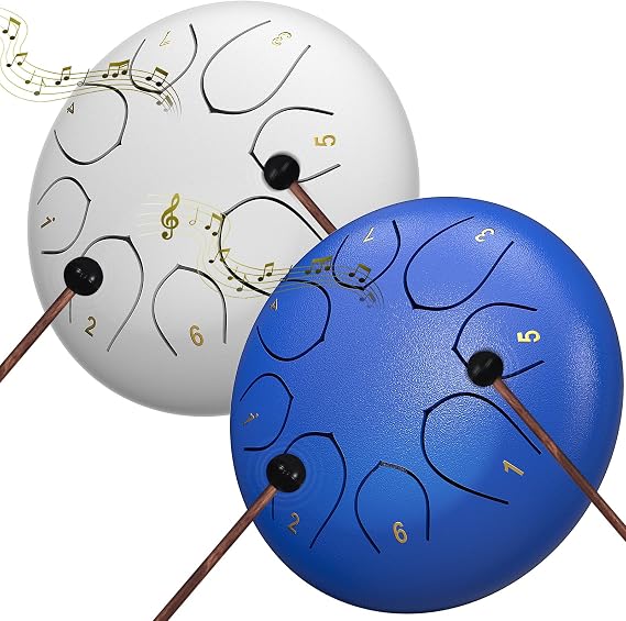 2 Pcs Rain Drum for Outside Garden, 6 Inches 8 Notes Steel Tongue Chakra Drum, Waterproof Rain Chime Meditation Drum, Musical Instruments for Adult Gift with Drum Bag, Music Book, Drum Mallets