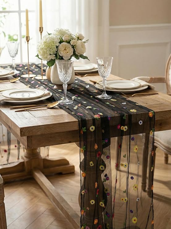Florals Lace Table Runner Embroidery Daisy Spring Summer 120inch 10ft | Seasonal Tulle Table Runners Cover Holiday Kitchen Dining Wedding Table Decoration for Home Party Indoor (Black, 30" x 120")