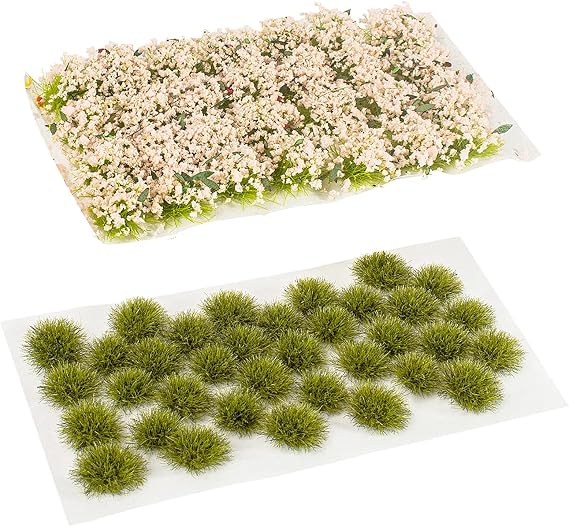 35 Pcs Static Grass Tuft Model Grass Tufts Railway Artificial Grass and 28 Pcs Bushy Tuft Pink Flower Cluster Vegetation Groups for DIY Architecture Building Model Train Landscape Railroad Scenery