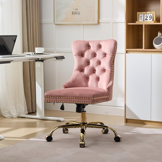 Vanity Chair with Comfy Back, Home Office Chair with Golden Metal Base, Modern Chairs Velvet Upholstered Tufted Button, Adjustable Swivel Desk Chairs with Rolling Wheels, Pink