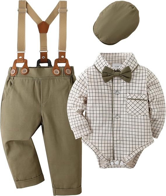 CARETOO Baby Boy Clothes Suit Infant Gentleman Boy Outfits Dress Shirt/Bowtie/Suspender Pants Set 0-18 Months