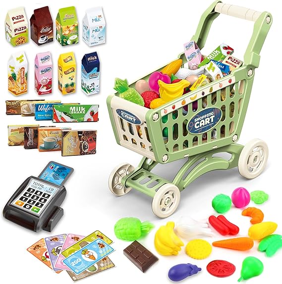 deAO Kids Shopping Cart for Groceries Toddlers,Pretend Food and Accessories | Role Play Educational Toy Play Kitchen Toys Store Playset,Gift for 3+ Kids