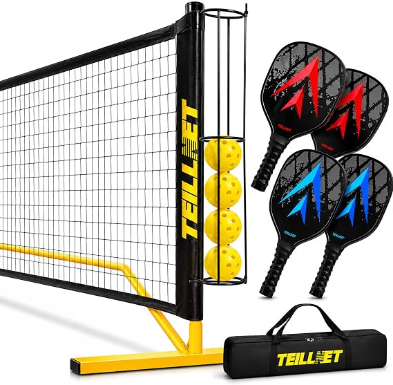 Teillnet Pickleball Net Set 22FT Portable Net with Metal Holder & 4 Balls, Sturdy Steel Frame Ultra Stable Easy Setup & Carrying Bag 35.4"x7.5"x7.1", Weather-Resistant for Outdoor Indoor Driveway