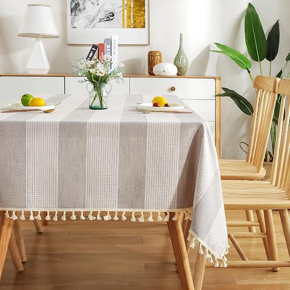 AmHoo Stitching Tassel Tablecloth Striped Table Cloth Rectangle Cotton Linen Dust-Proof Table Cover for Kitchen Dinning 54 x 54 Inch Beige