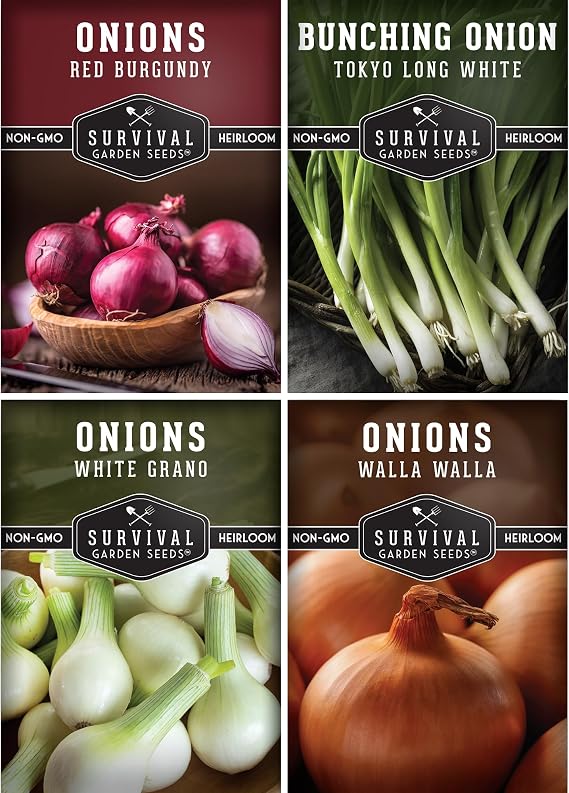Onion Seeds 4 Variety Collection for Planting | Bunching, Red Burgundy, White Grano, Walla Walla Sweet Onions, Heirloom Non-GMO - Survival Garden Seeds