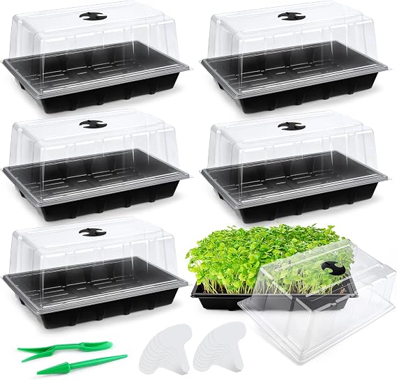 Hahood 6 Packs Seed Starter Tray Kits with Humidity Dome, Plastic Germination Growing Trays with Plants Labels, Planting Tools for Seeds Growing Starting, Germination and Seedling Propagation