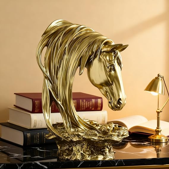DESHINTKE Golden Horse Head Ornaments, Resin Horse Head Statue Sculpture Modern Home Office Figurine Decor