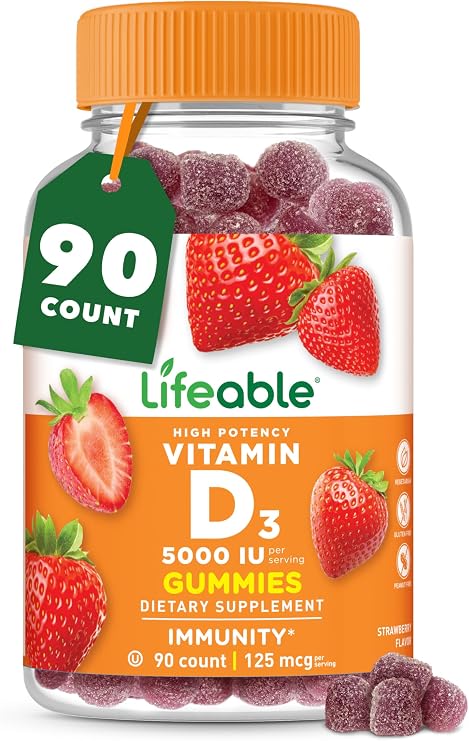 Lifeable Vitamin D Gummies for Women and Men, High Potency D3 5000 IU, 90ct | Immune Support and Strong Bones - Great Tasting Strawberry Vitamin D3 Gummies, Lab Tested, No Gelatin - Kosher and Vegetarian