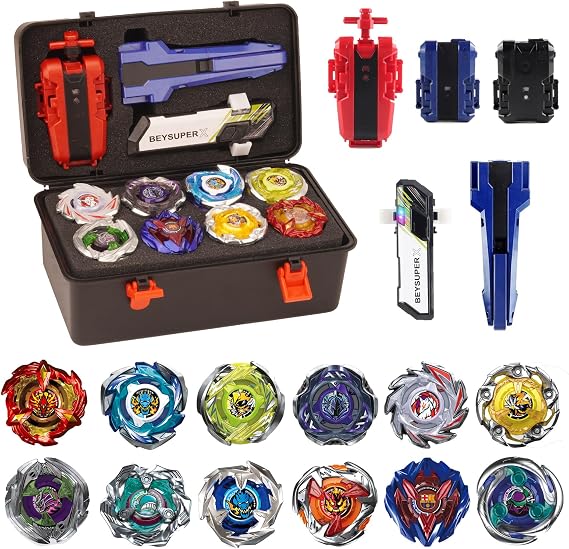 Battling Burst Gyro Toy Set Gift 12 Burst Spinning Tops 2 Two Way Launchers Grip Starter for Boys Children Kids 6 8 10 12+ Battle Game with Portable Box