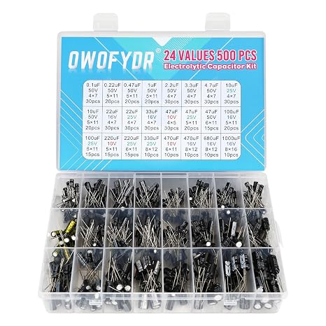 500-Piece Electrolytic Capacitor Assortment Kit 24 Values (0.1F1000F, 10V/16V/25V/50V) Ideal for DIY Projects, Electronics Repair & Hobbyists