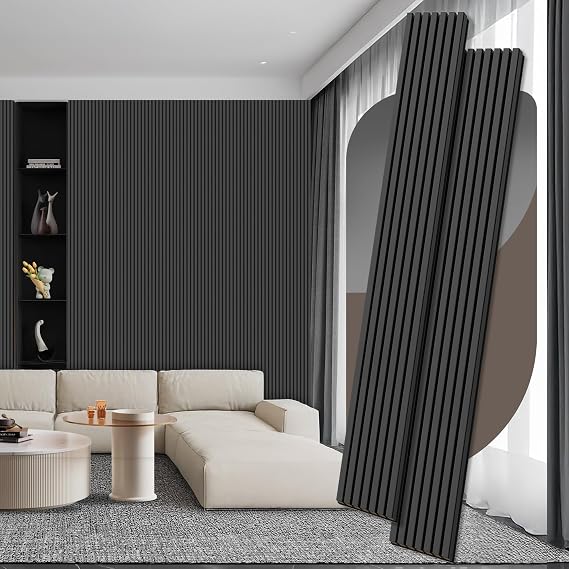 RITOLLO Wood Panels for Wall, 106.3" 11" Wood Slat Acoustic Panels for Wall, Soundproof Panels, 3D Fluted Panels for Interior Wall Decor Matte Black-106.311(2pcs