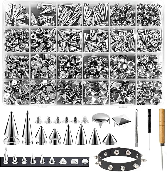 555 PCS Studs and Spikes for Clothing, 10 Size Metal Studs Leather Rivets for Craft, Square Pyramid Studs Round Dome Rivets DIY Punk Style Decoration for Clothes, Shoes, Belts, Dog Collars